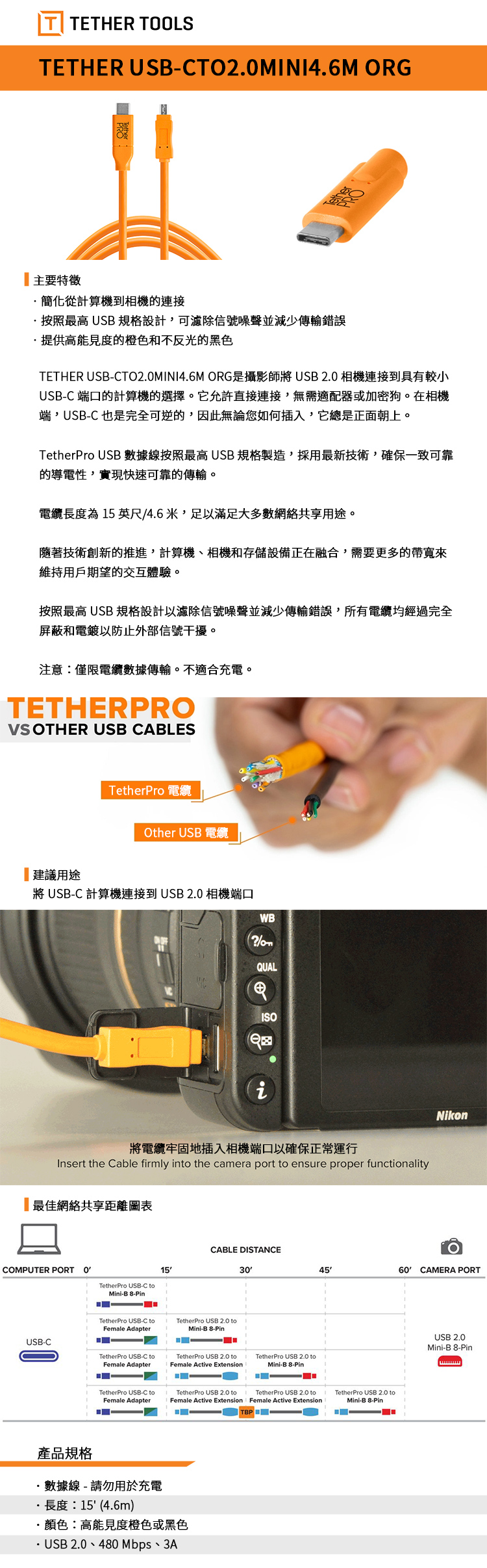 TETHER TOOLS CUC2615-ORG Type-C到Tybe-B 公對公傳輸線4.6m - 杰客森林